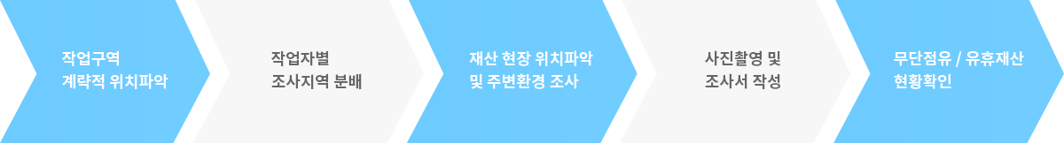 작업구역 계략적 위치파악 → 작업자별 조사지역 분배 → 재산 현장 위치파악 및 주변환경 조사 → 사진촬영 및 조사서 작성 → 무단점유 / 유휴재산 현황확인